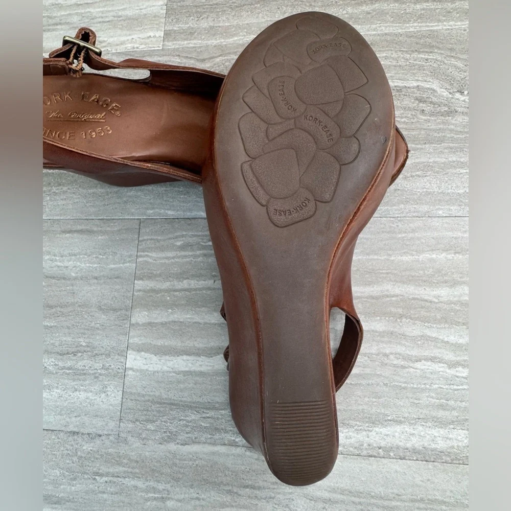 Kork-Ease Brown Leather Peep-Toe Wedge Slingbacks